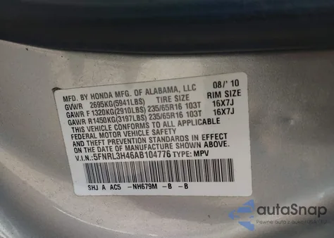 2010 Honda Odyssey Ex from USA, damaged, VIN 5FNRL3H46AB104776